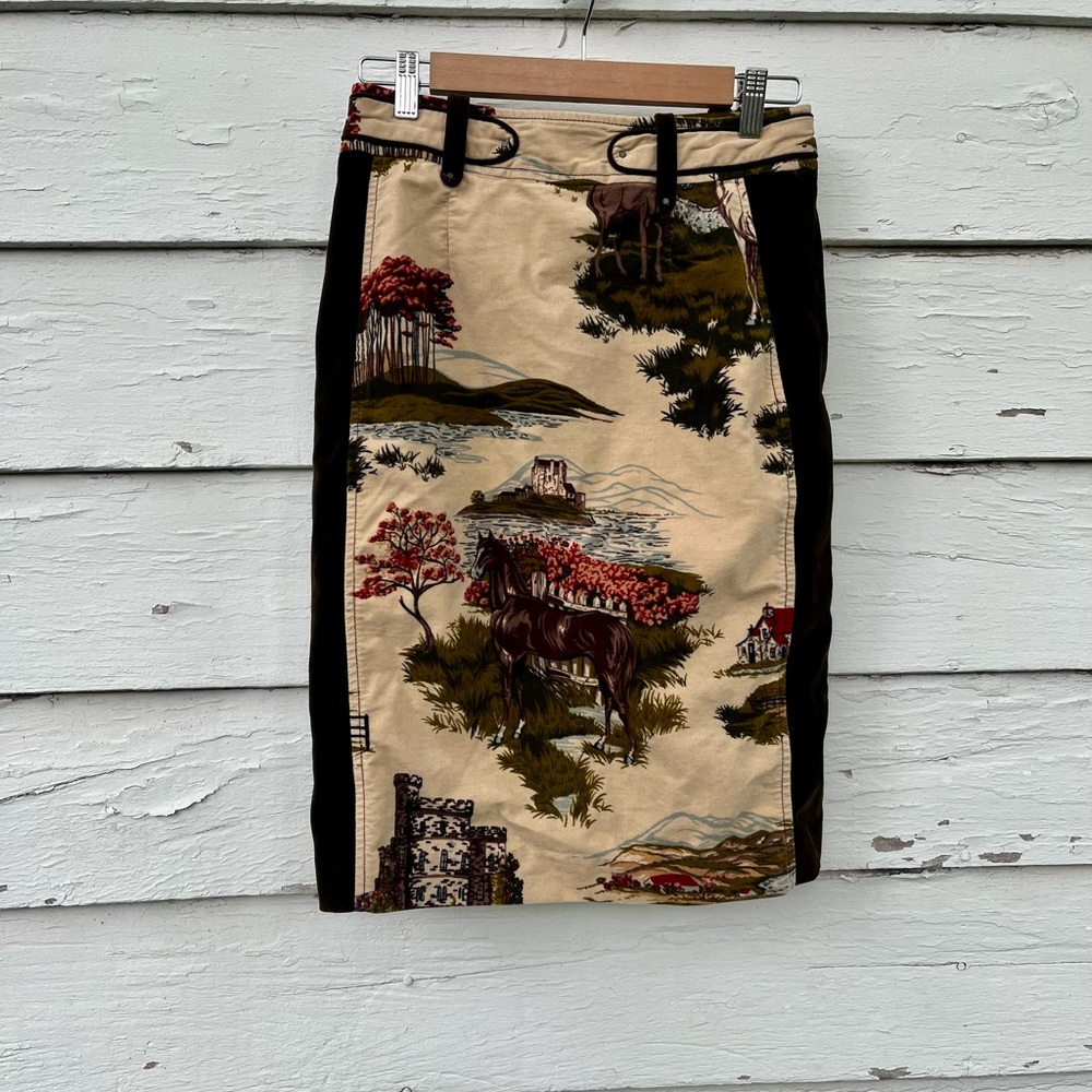 Anthropologie Cartonnier Skirt Size 4 Equestrian Horses Velvet Ivory Green Lined